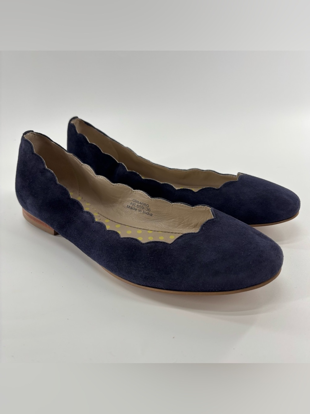 Boden blue suede ballet flats 36 scalloped edges slip on preppy girly